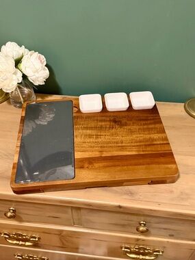Deluxe Acacia Wood Charcuterie Board Set w/ Drawer Knives Slate Wedding Gift